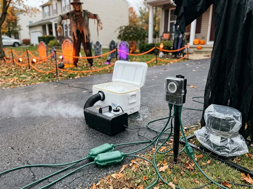 safe fog machine, weatherproof animatronic, and outdoor Halloween electrical setup safe fog machine, weatherproof animatronic, and outdoor Halloween electrical setup