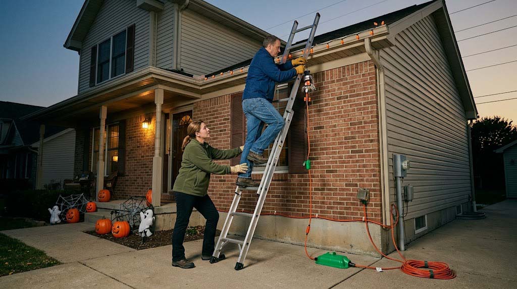 safe ladder placement and weatherproof electrical connections for Halloween decor