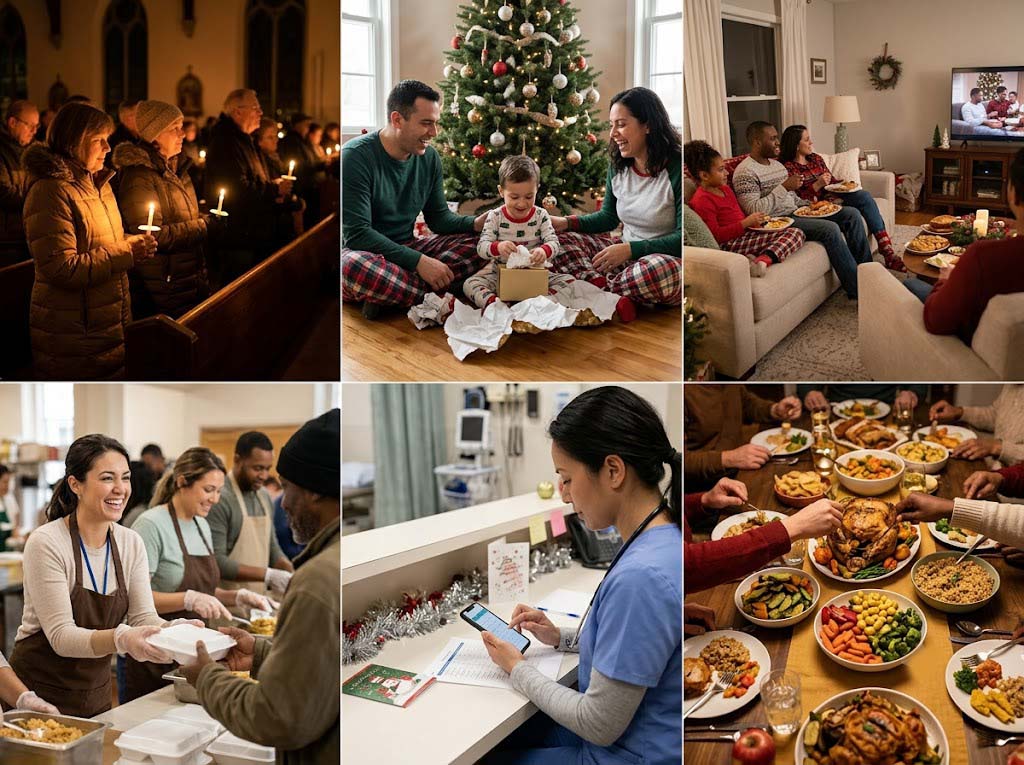 Christmas Day faith, family, work, volunteering, and dietary traditions