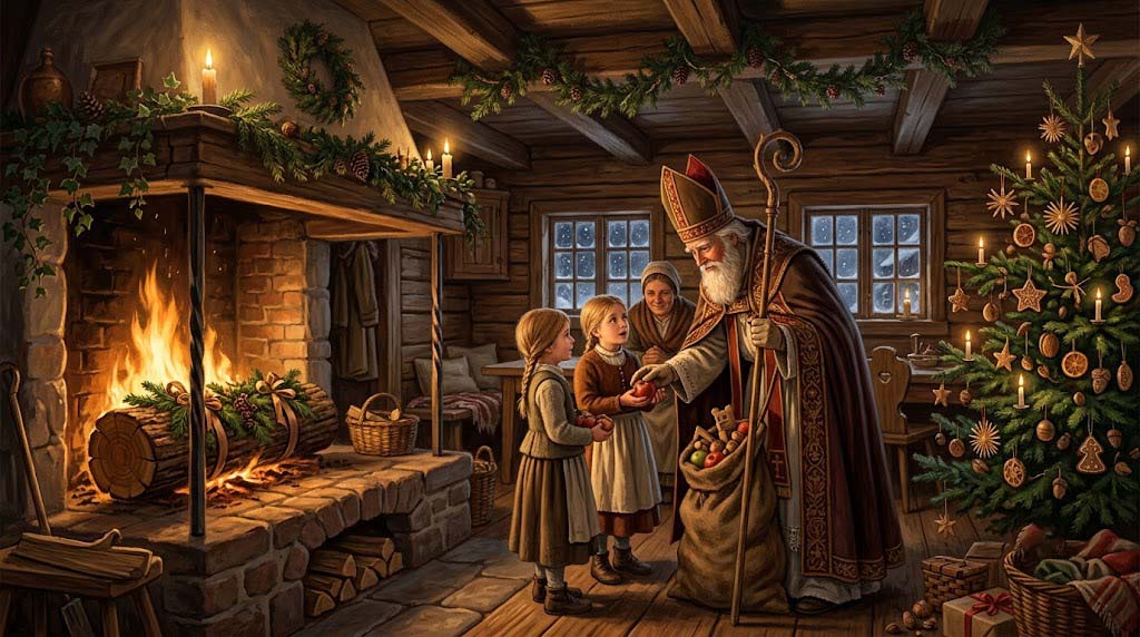 Yule log, Christmas tree, and Saint Nicholas holiday traditions Yule log, Christmas tree, and Saint Nicholas holiday traditions