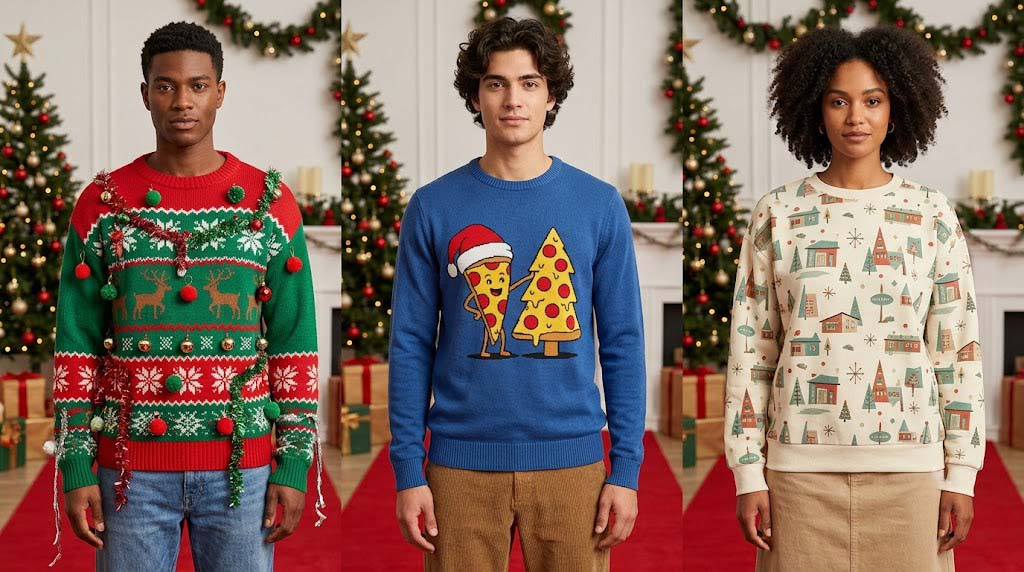 classic 3D knit, funny graphic, and modern printed Christmas sweater styles classic 3D knit, funny graphic, and modern printed Christmas sweater styles