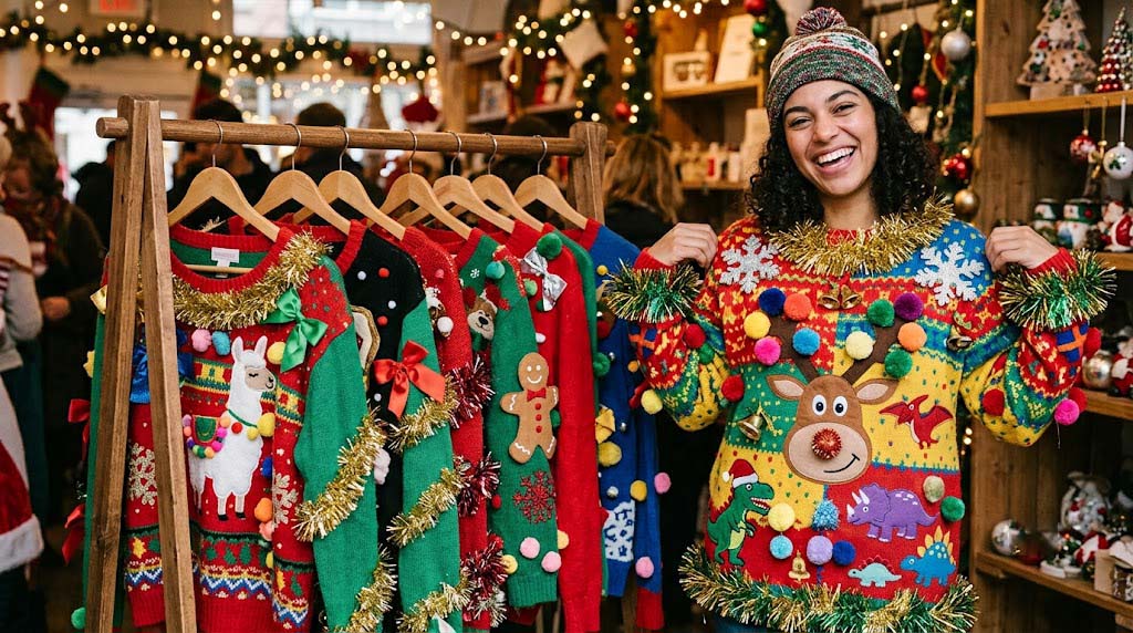 classic ugly Christmas sweater decorations with pom poms and tinsel classic ugly Christmas sweater decorations with pom poms and tinsel