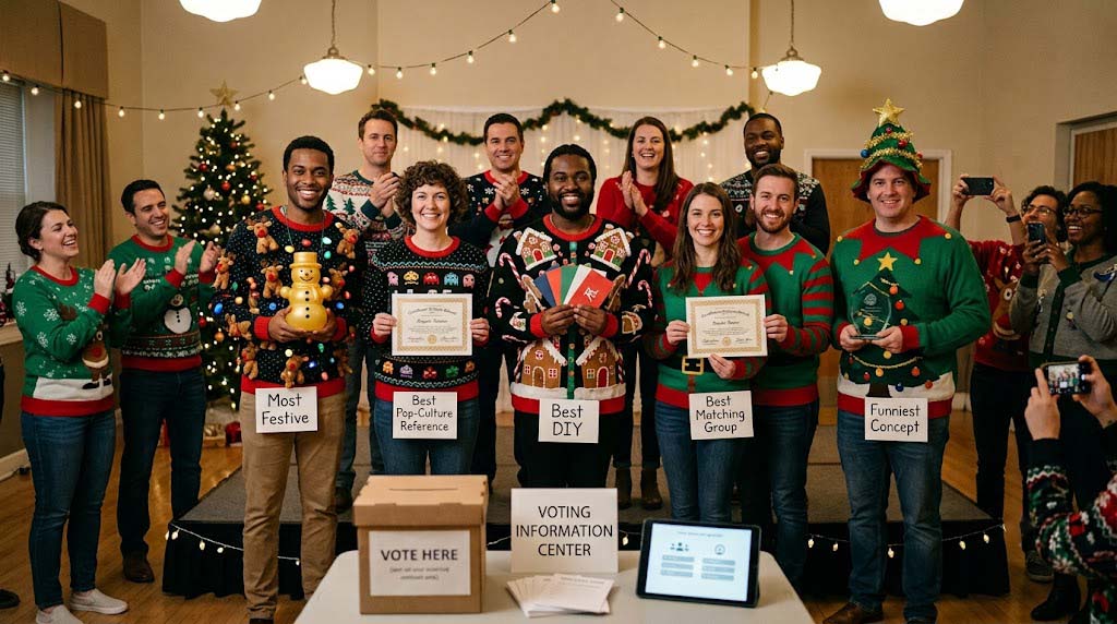 fair ugly Christmas sweater contest categories and low cost prizes fair ugly Christmas sweater contest categories and low cost prizes