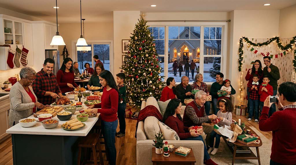 modern American Christmas traditions, family meals, gifts, and holiday photos modern American Christmas traditions, family meals, gifts, and holiday photos