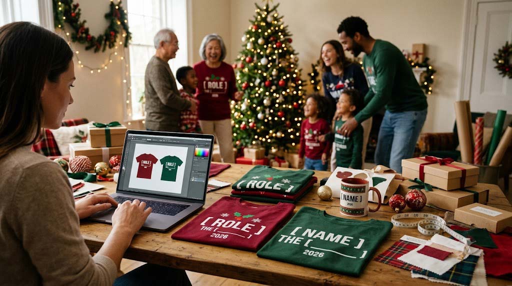 personalized Christmas shirts with family roles, names, and year designs personalized Christmas shirts with family roles, names, and year designs