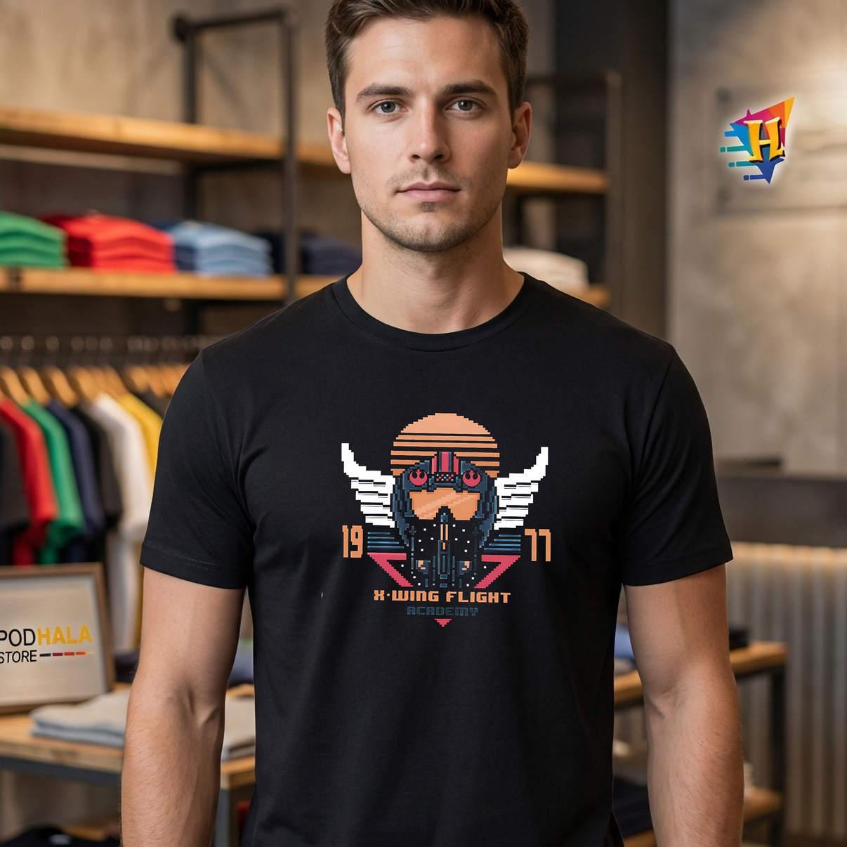 X Wing Flight Academy Rebel Pilot Shirt 1977 Pixel Art Sci Fi Graphic Fan Mens