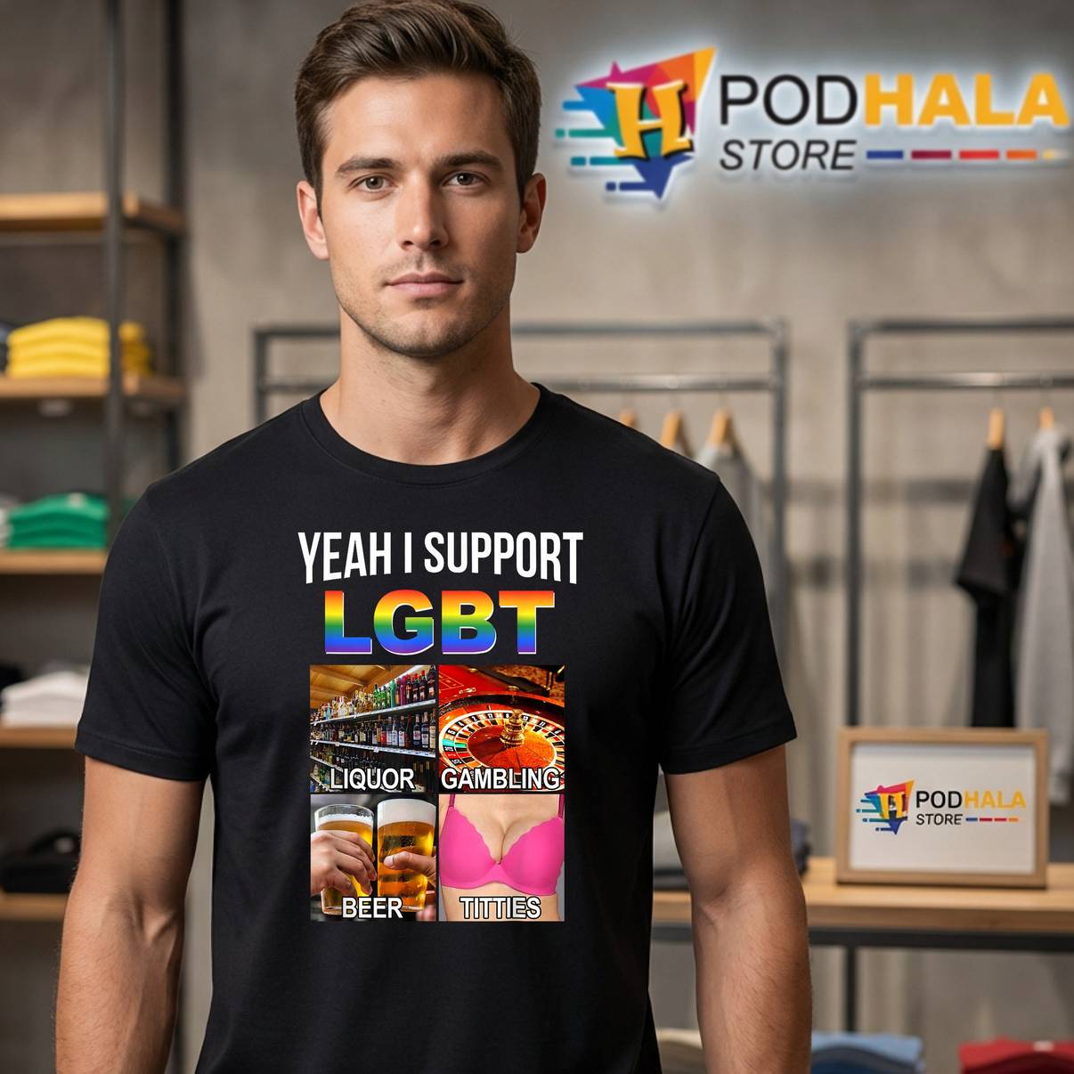 Yeah Support LGBT Parody Print T-Shirt Liquor Gambling Beer Titties Men Yeah Support LGBT Parody Print T-Shirt Liquor Gambling Beer Titties Men