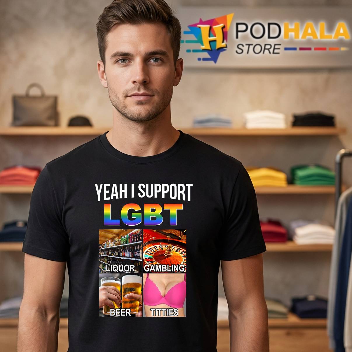 Yeah Support LGBT Parody Print Tshirt Liquor Gambling Beer Titties Men Yeah Support LGBT Parody Print Tshirt Liquor Gambling Beer Titties Men