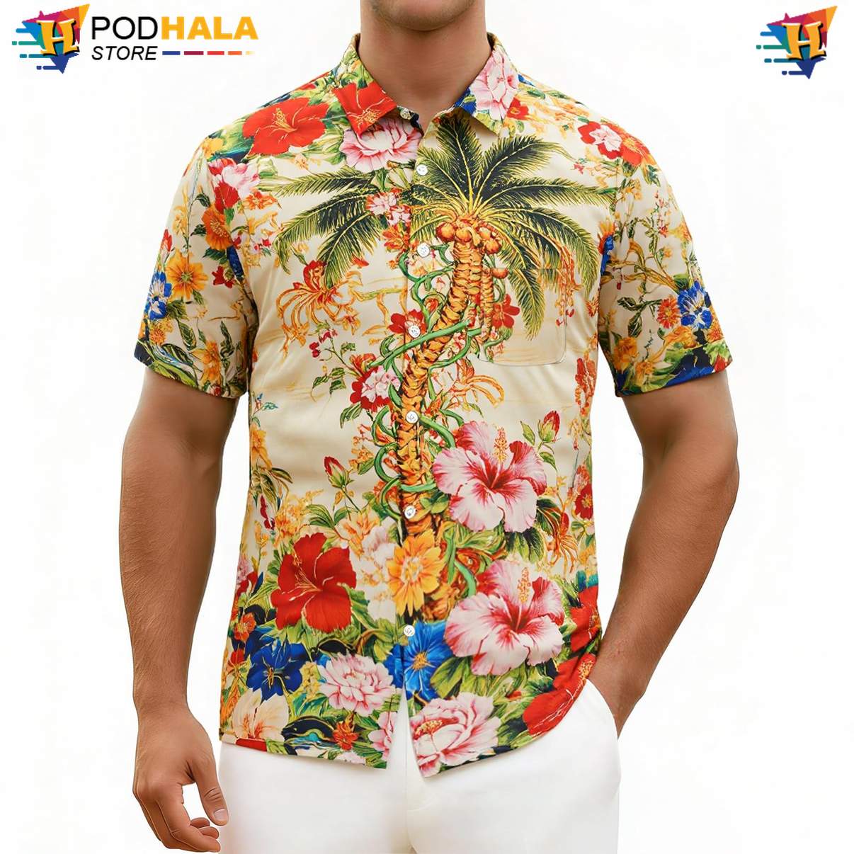 Yellow Palm Tree Aloha Shirt Mens Tropical Floral Summer Beach Lightweight