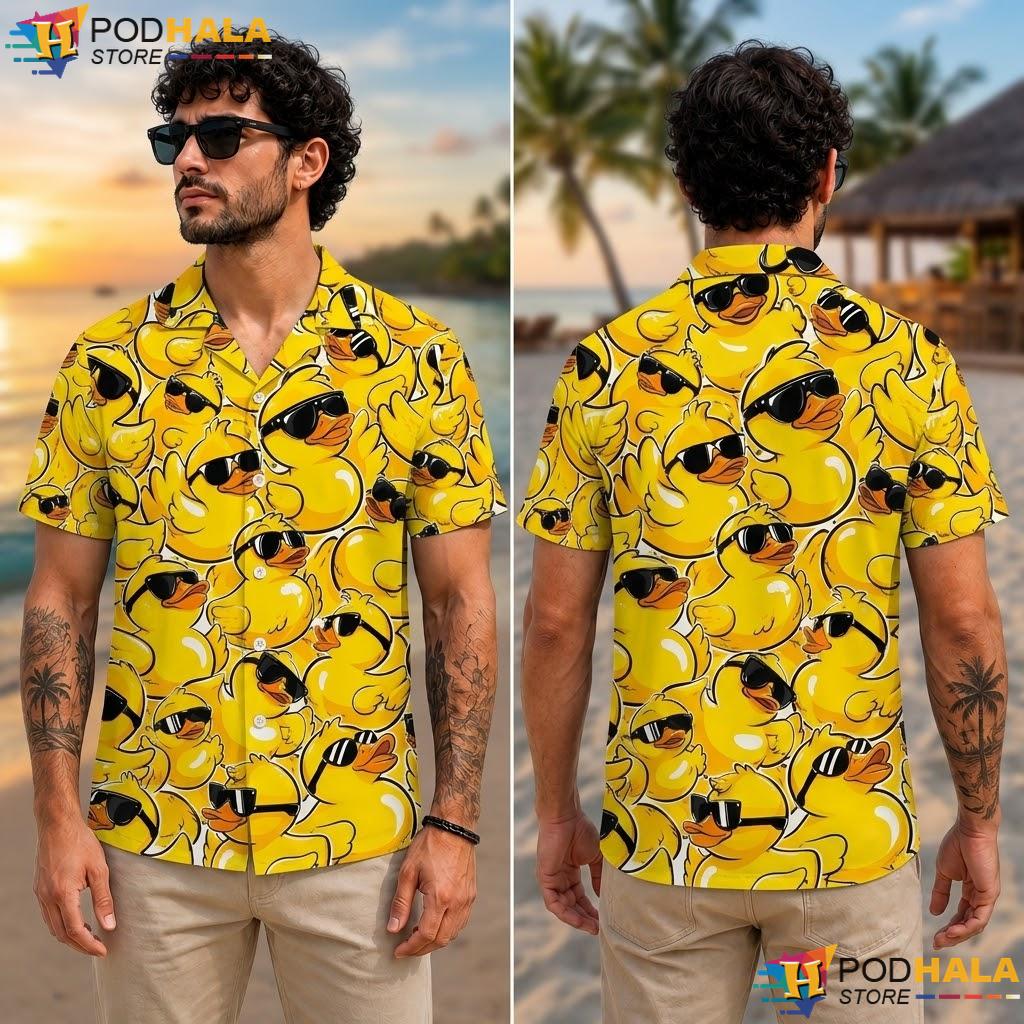 Yellow Sunglasses Duck Aloha Shirt Vibrant Summer Graphic Button Down