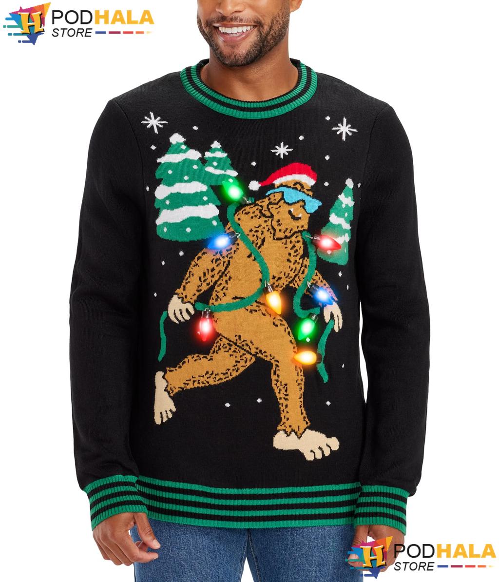Yeti Sasquatch Ugly Christmas Sweater Funny Playful Festive Trees Top