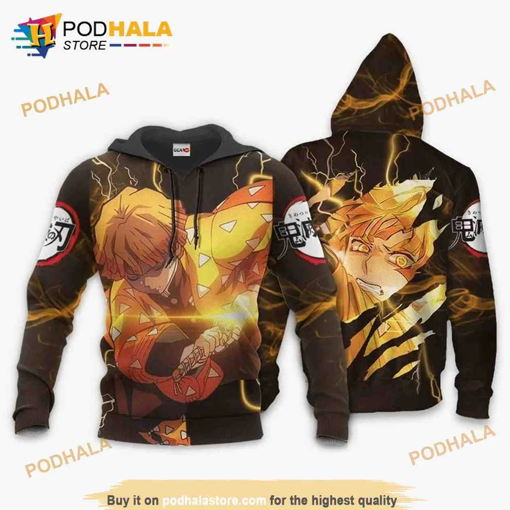 Zenitsu Agatsuma 3d Hoodie With Lightning Design From Demon Slayer