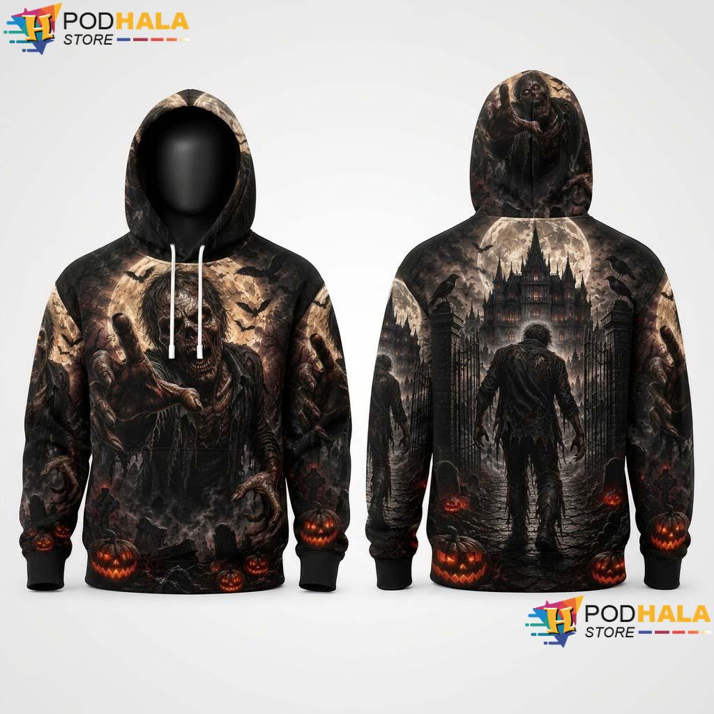 Zombie Halloween All Over Print Hoodie Scary Vintage Gothic Castle Top