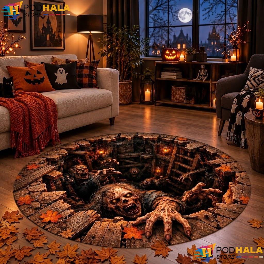 Zombie Undead Monster Halloween Round Area Rug 3D Creepy Illusion Decor